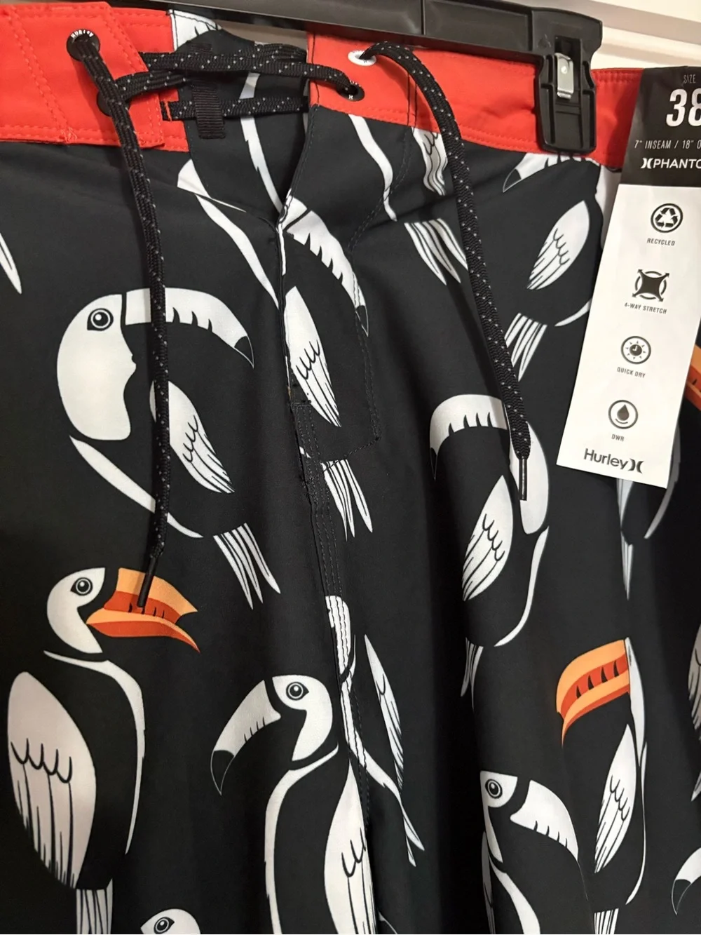 Hurley Men’s Black Toucan Board Shorts with Red Waistband and Orange Beaks